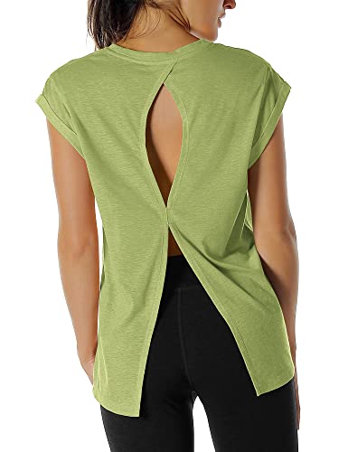 icyzone Damen Fitness-Trainings Kurzarm Shirt Yoga Top Loose Fit Rückenfrei Sport T-Shirt (L, Sweet PEA) von icyzone