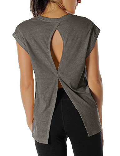 icyzone Damen Fitness-Trainings Kurzarm Shirt Yoga Top Loose Fit Rückenfrei Sport T-Shirt (M, Charcoal) von icyzone