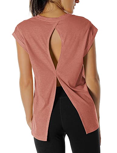 icyzone Damen Fitness-Trainings Kurzarm Shirt Yoga Top Loose Fit Rückenfrei Sport T-Shirt (S, Dusty Pink) von icyzone