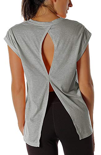 icyzone Damen Fitness-Trainings Kurzarm Shirt Yoga Top Loose Fit Rückenfrei Sport T-Shirt (XL, Grey) von icyzone