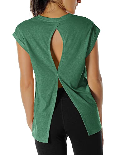 icyzone Damen Fitness-Trainings Kurzarm Shirt Yoga Top Loose Fit Rückenfrei Sport T-Shirt (M, Army) von icyzone