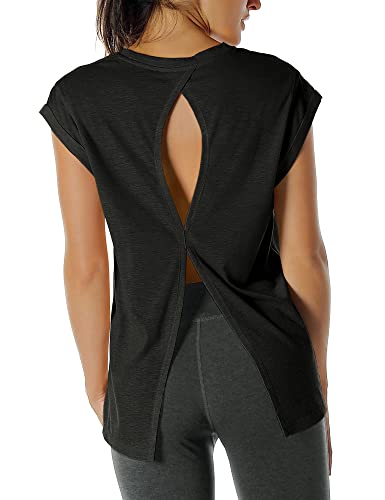 icyzone Damen Fitness-Trainings Kurzarm Shirt Yoga Top Loose Fit Rückenfrei Sport T-Shirt (S, Black) von icyzone