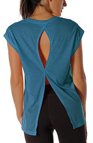 icyzone Damen Fitness-Trainings Kurzarm Shirt Yoga Top Loose Fit Rückenfrei Sport T-Shirt (S, Denim) von icyzone