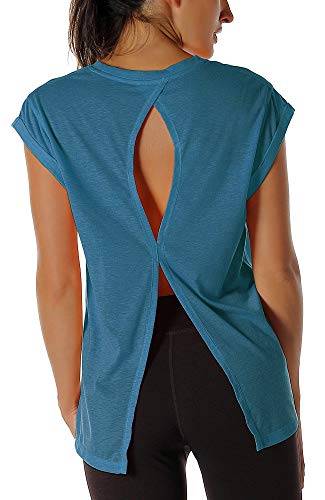icyzone Damen Fitness-Trainings Kurzarm Shirt Yoga Top Loose Fit Rückenfrei Sport T-Shirt (XL, Denim) von icyzone