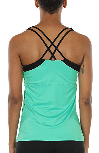 icyzone Damen 2 in 1 Sport Yoga Tops mit BH - Gym Shirts Fitness Trainings Tank Top (L, Mintgrün) von icyzone