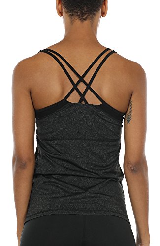 icyzone Damen 2 in 1 Sport Yoga Tops mit BH - Gym Shirts Fitness Trainings Tank Top (M, Schwarz) von icyzone