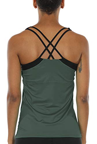 icyzone Damen 2 in 1 Sport Yoga Tops mit BH - Gym Shirts Fitness Trainings Tank Top (XL, Rauchiges Grün) von icyzone