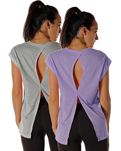 icyzone Damen Sport Top Fitness Yoga Shirt Rückenfrei Sommer Leichte Gym Top Sportshirt, 2er Pack (L, Grey/Lavender) von icyzone