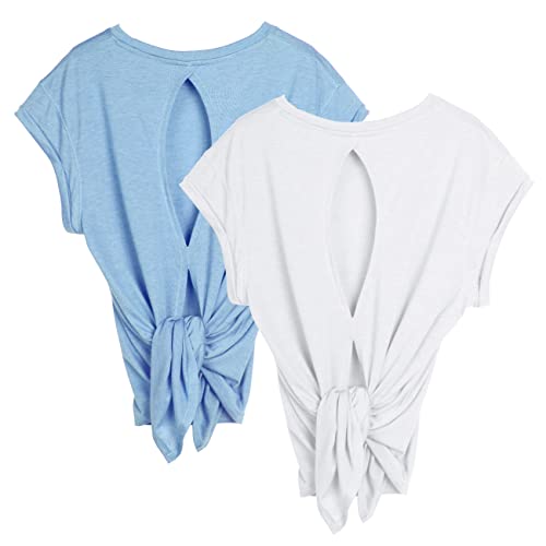 icyzone Damen Sport Top Fitness Yoga Shirt Rückenfrei Sommer Leichte Gym Top Sportshirt, 2er Pack (S, White/Sky Blue) von icyzone