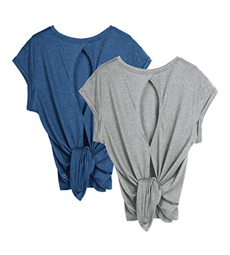 icyzone Damen Sport Top Fitness Yoga Shirt Rückenfrei Sommer Leichte Gym Top Sportshirt, 2er Pack (XL, Grey/Denim) von icyzone