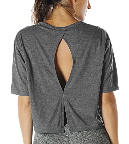 icyzone Sport T-Shirt Damen Fitness Kurzarm Shirt Rückenfrei Yoga Crop Top Oberteile Loose Fit (L, Charcoal) von icyzone