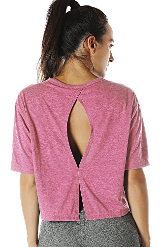 icyzone Sport T-Shirt Damen Fitness Kurzarm Shirt Rückenfrei Yoga Crop Top Oberteile Loose Fit (L, Pink) von icyzone