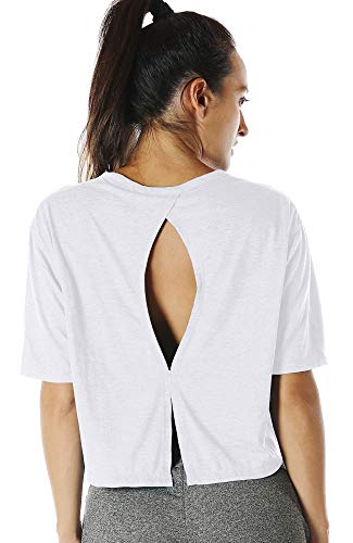 icyzone Sport T-Shirt Damen Fitness Kurzarm Shirt Rückenfrei Yoga Crop Top Oberteile Loose Fit (XL, White) von icyzone