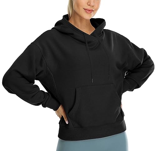 icyzone Damen Fleece Kapuzenpullover Sport Hoodie Fitness Sweatshirt Langarm Casual Pullover mit Kängurutasche (Black, XL) von icyzone