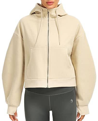 icyzone Damen Fleece-Kapuzenpullover mit Reißverschluss Sport Hoodie Relaxed Fit Sweatshirt (L, Cream White) von icyzone