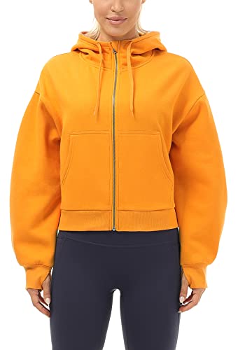 icyzone Damen Fleece-Kapuzenpullover mit Reißverschluss Sport Hoodie Relaxed Fit Sweatshirt (S, Orange) von icyzone