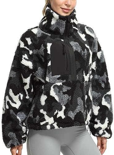 icyzone Damen Half Zip Teddy Fleece Pullover Sherpa Flauschig Warm Sweatshirt mit Taschen und Kordelzug (Black White Camo, L) von icyzone