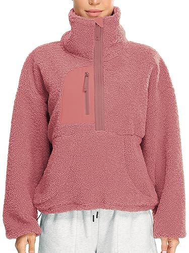 icyzone Damen Half Zip Teddy Fleece Pullover Sherpa Flauschig Warm Sweatshirt mit Taschen und Kordelzug (Dusty Rose, XL) von icyzone