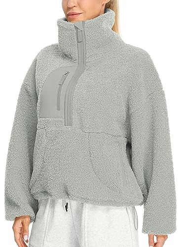 icyzone Damen Half Zip Teddy Fleece Pullover Sherpa Flauschig Warm Sweatshirt mit Taschen und Kordelzug (Rhino Grey, L) von icyzone