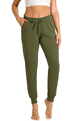 icyzone Damen Jogginghose Sporthose Lang Fitness Yoga Hose Freizeithose Trainingshose mit Taschen (L, Army) von icyzone