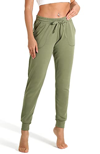 icyzone Damen Jogginghose Sporthose Lang Fitness Yoga Hose Freizeithose Trainingshose mit Taschen (L, Olive) von icyzone