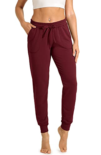 icyzone Damen Jogginghose Sporthose Lang Fitness Yoga Hose Freizeithose Trainingshose mit Taschen (L, Wine) von icyzone