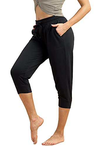 icyzone Damen Jogginghose 3/4 Sporthose Laufhose Loose Fit Sweathose Casual Capri Hose (L, Black) von icyzone