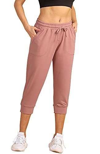 icyzone Damen Jogginghose 3/4 Sporthose Laufhose Loose Fit Sweathose Casual Capri Hose (L, Dusty Pink) von icyzone