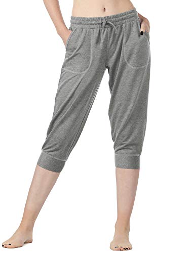 icyzone Damen Jogginghose 3/4 Sporthose Laufhose Loose Fit Sweathose Casual Capri Hose (L, Gray Melange) von icyzone