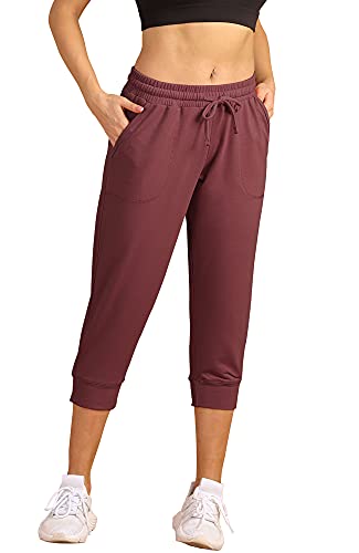 icyzone Damen Jogginghose 3/4 Sporthose Laufhose Loose Fit Sweathose Casual Capri Hose (L, Wine) von icyzone