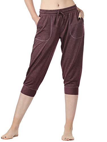 icyzone Damen Jogginghose 3/4 Sporthose Laufhose Loose Fit Sweathose Casual Capri Hose (M, Burgundy) von icyzone