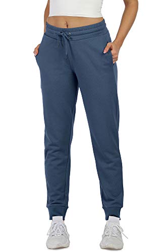 icyzone Damen Jogginghose Sweathose Baumwolle Lang Sporthose Hohe Taille Freizeithose mit Taschen (L, Dusty Blue) von icyzone