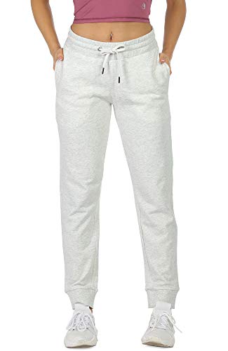 icyzone Damen Jogginghose Sweathose Baumwolle Lang Sporthose Hohe Taille Freizeithose mit Taschen (M, Light Gray) von icyzone