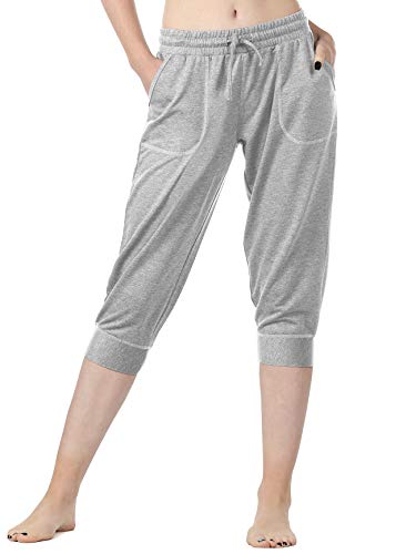 icyzone Damen Jogginghose 3/4 Sporthose Laufhose Sommer Freizeithose Sweathose Casual Capri Hose (L, Grey) von icyzone