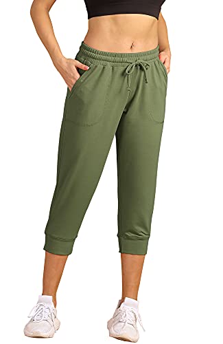 icyzone Damen Jogginghose 3/4 Sporthose Laufhose Sommer Freizeithose Sweathose Casual Capri Hose (M, Army) von icyzone