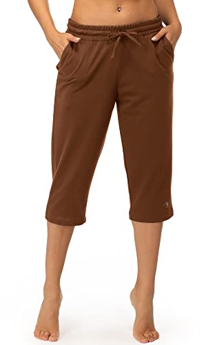 icyzone Damen Jogginghose 3/4 Sporthose Trainingshose Straight Bein Freizeit Hose mit Tasche (S, Copper Brown) von icyzone