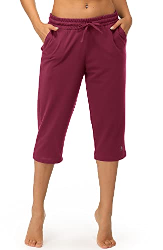 icyzone Damen Jogginghose 3/4 Sporthose Trainingshose Straight Bein Freizeit Hose mit Tasche (XL, Berry Red) von icyzone