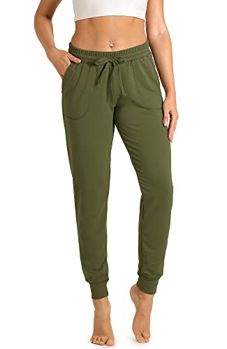 icyzone Damen Jogginghose Sporthose Lang Fitness Yoga Hose Freizeithose Trainingshose mit Taschen (S, Army) von icyzone