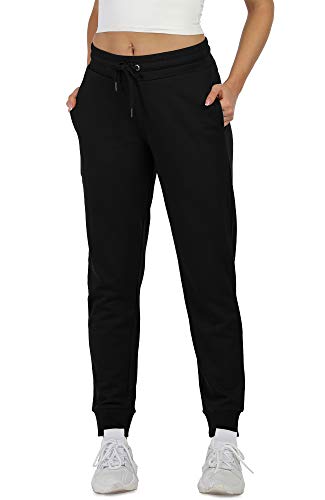 icyzone Damen Jogginghose Sweathose Baumwolle Lang Sporthose Hohe Taille Freizeithose mit Taschen (L, Black) von icyzone