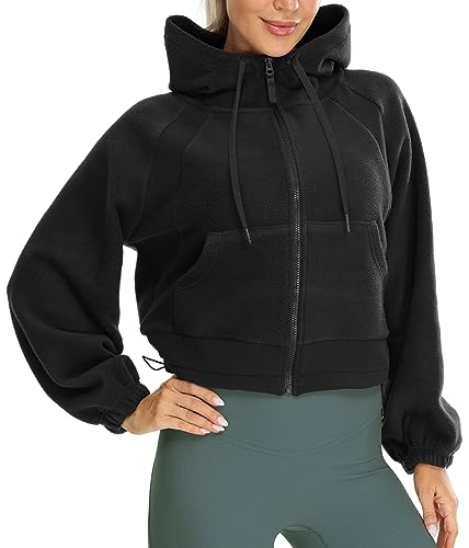 icyzone Damen Kapuzenjacke Teddy Fleece Plüschjacke mit Kapuze Casual Zip Hoodie mit Kangrootaschen (Black, XL) von icyzone