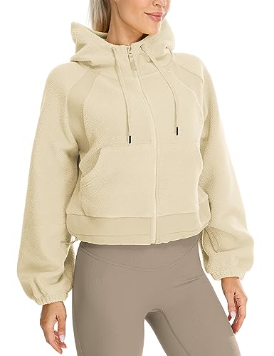 icyzone Damen Kapuzenjacke Teddy Fleece Plüschjacke mit Kapuze Casual Zip Hoodie mit Kangrootaschen (Ivory White, XL) von icyzone