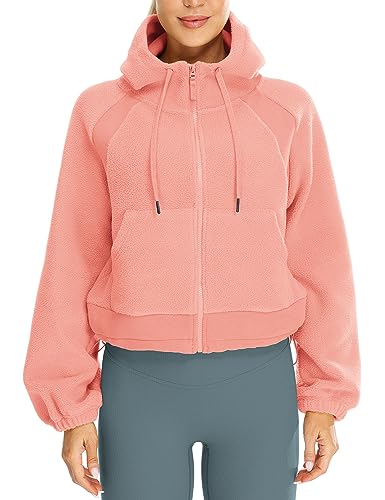 icyzone Damen Kapuzenjacke Teddy Fleece Plüschjacke mit Kapuze Casual Zip Hoodie mit Kangrootaschen (Pale Pink, L) von icyzone