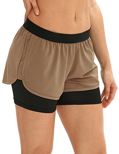 icyzone Damen Laufshorts 2 in 1 Kurze Sporthose Jogginghose Atmungsaktiv Sport Shorts für Gym Training (L, Coffee) von icyzone