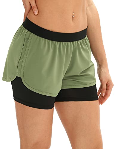 icyzone Damen Laufshorts 2 in 1 Kurze Sporthose Jogginghose Atmungsaktiv Sport Shorts für Gym Training (L, Olive) von icyzone