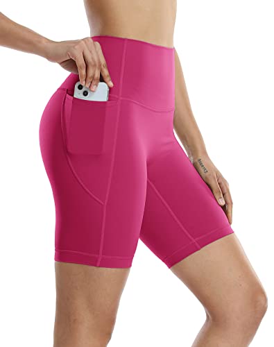 icyzone Damen Kurze Sporthose Laufshorts Hohe Taille Yoga Fitness Shorts Kurz Sport Leggings (L, Pink Lychee) von icyzone