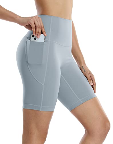 icyzone Damen Kurze Sporthose Laufshorts Hohe Taille Yoga Fitness Shorts Kurz Sport Leggings (M, Grau-A) von icyzone