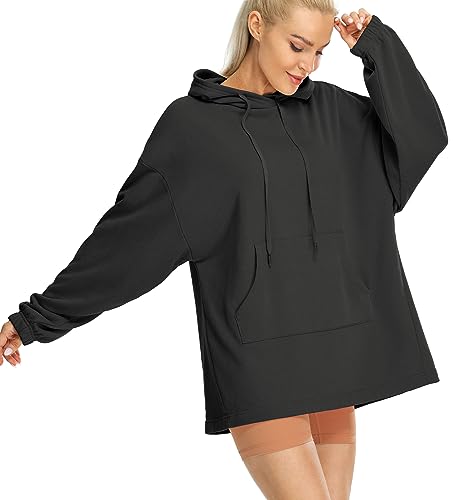 icyzone Damen Lang Oversize Hoodie Fleece Kapuzenpullover Casual Sweatshirt mit Kängurutasche (Black, S) von icyzone