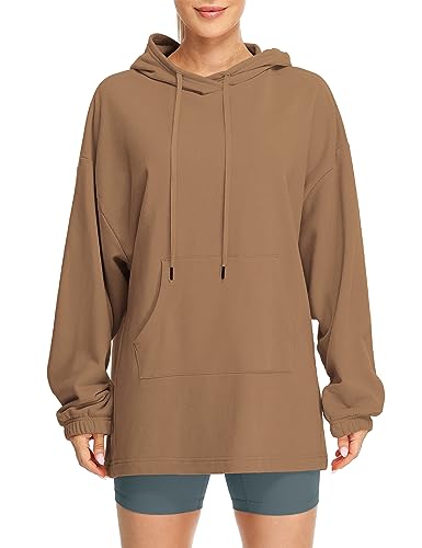 icyzone Damen Lang Oversize Hoodie Fleece Kapuzenpullover Casual Sweatshirt mit Kängurutasche (Cacao Brown, L) von icyzone