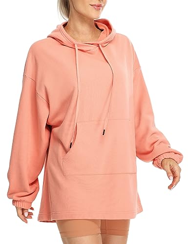 icyzone Damen Lang Oversize Hoodie Fleece Kapuzenpullover Casual Sweatshirt mit Kängurutasche (Cameo Pink, M) von icyzone