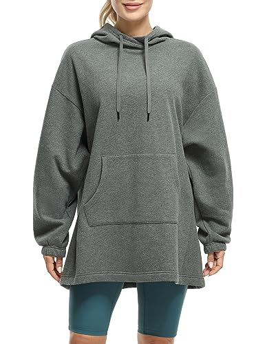 icyzone Damen Lang Oversize Hoodie Fleece Kapuzenpullover Casual Sweatshirt mit Kängurutasche (Charcoal, L) von icyzone